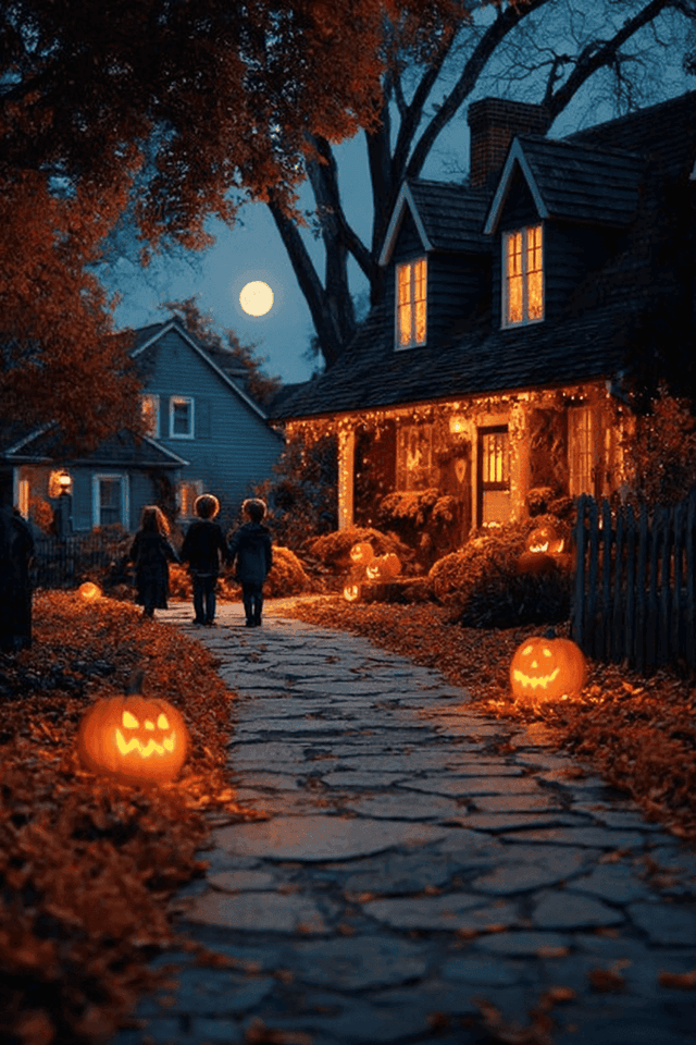 Maison décorée le soir d'Halloween